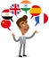 Asian vector cartoon man, six speech balloons with flags, speaking languages Chinese, Arabic, English, Hindi, Spanish, French