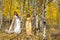 Asian Vietnamese bride with mother in traditional Vietnamese wedding dresses in the yellow autumn aspen trees of Colorado