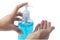 Asian washing hand by press blue alcohol sanitizer gel for protect safety infection and kill Novel Coronavirus 2019-nCoV Covid-1