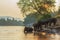 Asian wild family group Elephants walking in the natural river at deep forest