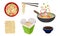 Asian Wok Udon Noodles in Paper Box and in Frying Pan with Sliced Vegetable Ingredients Floating Above Side View Vector