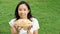 Asian woman adult eating bread carbohydrates
