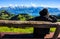 Asian woman on the bench treasures beautiful scenic panoramic view of majestic swiss alps that surrounding Rigi Kulm