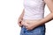 Asian woman body fat belly side view and hand squeezing excess fat isolate on white background , clipping path include