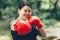 Asian woman boxing fighter with fat and diet