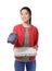 Asian woman with cardboard pizza box and bank terminal on white background. Food delivery service