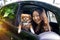 Asian Woman And Cute Dog In Car On Summer Travel