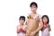 Asian Woman and daughters carrying groceries