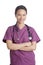 Asian woman Doctor or Nurse dressed in purple scrubs