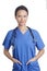 Asian woman Doctor or Nurse dressed in purple scrubs