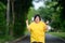 Asian woman with down syndrome smiling happy smiling and looking at camera Fat young woman with down syndrome exercising in the