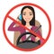 Asian woman driving a car talking on the phone. sign stop danger