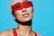 Asian woman emotion red pink beauty glamour blue smiling fashion fun portrait sunglasses