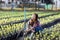 Asian woman is fixing irrigation sprinkler in her organics vegetable farm at the rural outdoor countryside for agriculture and