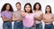 Asian Woman Gesturing Stop Protecting Group Of Ladies, Studio Shot