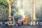 Asian Woman give food offerings to Buddhist monks