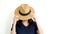 Asian woman hide face behind hat. Introvert and antisocial concept