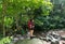 Asian woman hiker standing on forest trail with waterfall and looking away. Female with backpack on hike in nature