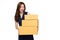 Asian woman holding parcel box isolated on white background, Delivery courier and shipping service concept