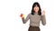 Asian woman holding a puzzle cube standing on white background. solving cubic problems, problem solution and making strategic