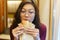 Asian Woman Mature Adult Eating Bread Carbohydrates