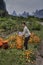 Asian woman packs freshly picked fruit harvest in orange garden.