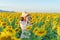 An Asian woman, a photographer, using a film camera to take photos on social media at full bloom sunflower field in travel