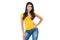 Asian woman in plain yellow t-shirt and blue jeans