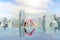 Asian woman pose yoga action on hotel rooftop with Bangkok city and swimming pool background