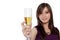 Asian woman raise glass of champagne, on white