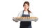 Asian woman smiling wear white t-shirt with apron holding tray with cookies isolate on white background, With clipping path