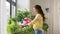 Asian woman spraying houseplant with water at home