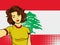 Asian woman taking selfie photo in front of national flag Lebanon in pop art style illustration. Element of sport fan illustration