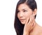 Asian woman, thinking and studio with soft skin for beauty, smile and cosmetics for skincare or routine. Wellness