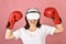 Asian woman using vr glasses, Working out with punch boxing video games application from virtual reality headset