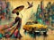 asian woman wear traditional dress walk rainy city skyline stop taxi cab year of the chinese dragon