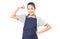 Asian Woman Wearing Apron And Flex Her Muscles.