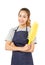 Asian Woman Wearing Apron Holding Yellow Dust Cleaner.