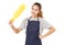 Asian Woman Wearing Apron Holding Yellow Dust Cleaner.