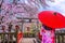 Asian woman wearing japanese traditional kimono and cherry blossom in spring, Kyoto temple in Japan