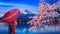 Asian woman wearing japanese traditional kimono at Fuji mountain and cherry blossom, Kawaguchiko lake in Japan