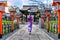 Asian woman wearing japanese traditional kimono at Kyoto temple in Japan.