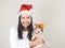 Asian woman wearing  red Santa Christmas hat  smiling and looking at camera, holding  her Chihuahua dog wearing reindeer horn hat