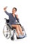 Asian woman in wheelchair taking selfie on white background