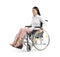 Asian woman in wheelchair on white background