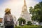 Asian women backpacker travel Wat Arun temple