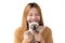 Asian women playing with cats on white background. Asian beautiful girls playing with kittens