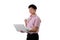 Asian young businessman has standing and working with a cup of coffee on isolated on wihte background