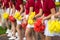 Asian young cheerleader group closeup with legs standing on row