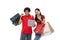 Asian young couple bring shopping bags and look tablet with laugh expression
